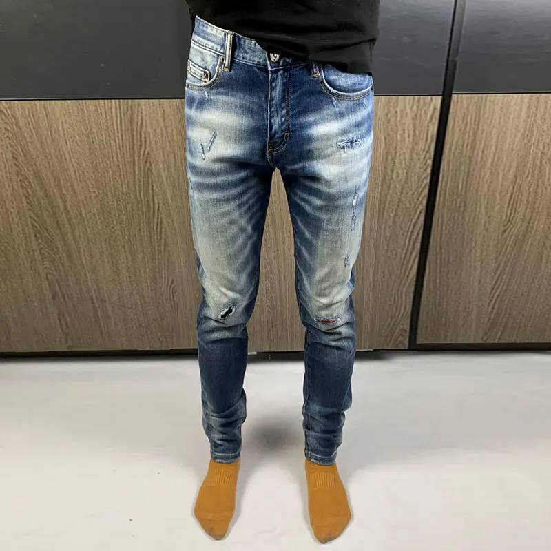 Fashion Streetwear Men Jeans High Quality Retro Blue Stretch Slim Fit Ripped Jeans Men Vintage Designer Brand Pants Hombre