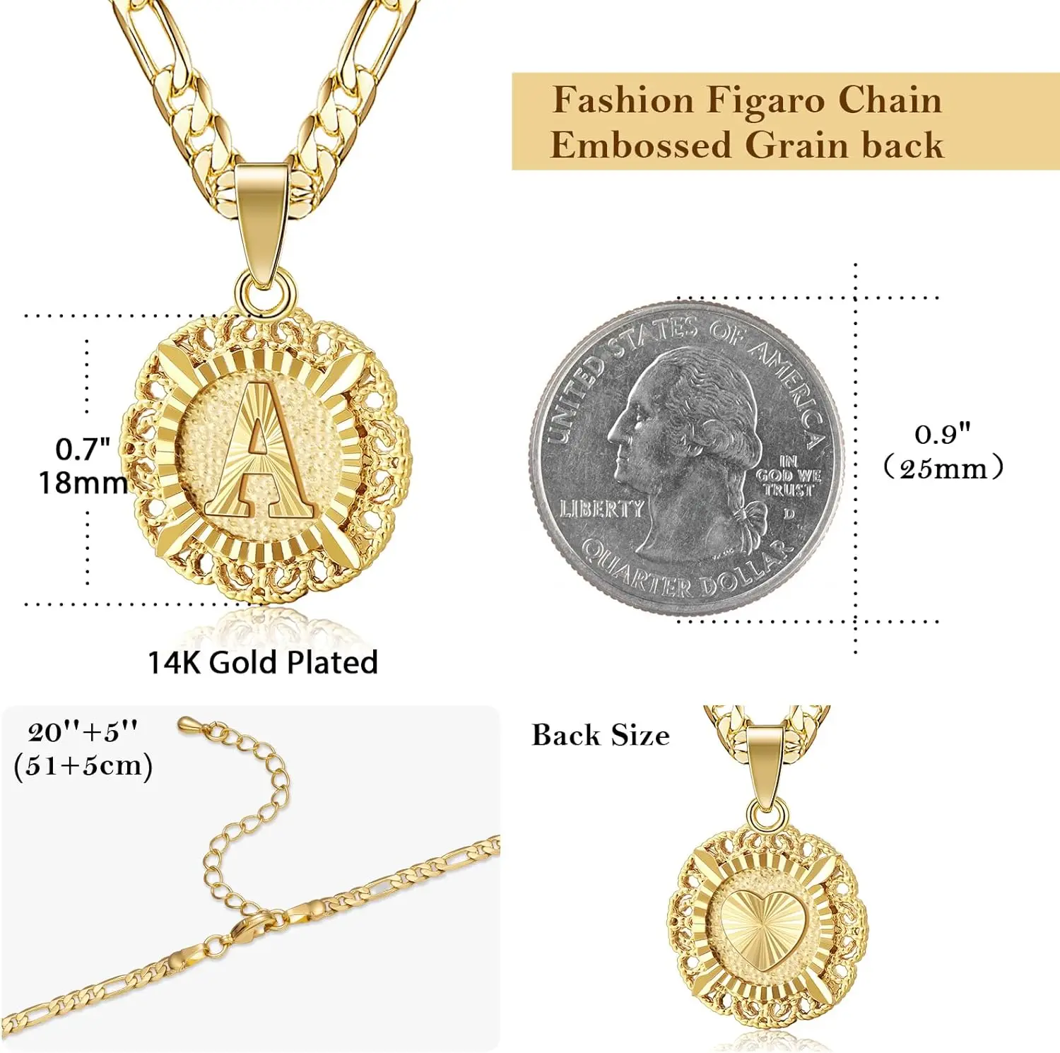 Начальные ожерелья для женщин, позолоченный круглый кулон с буквами 14 карат, ожерелье с большим монограммой, алфавиты от A-Z Figaro Ch