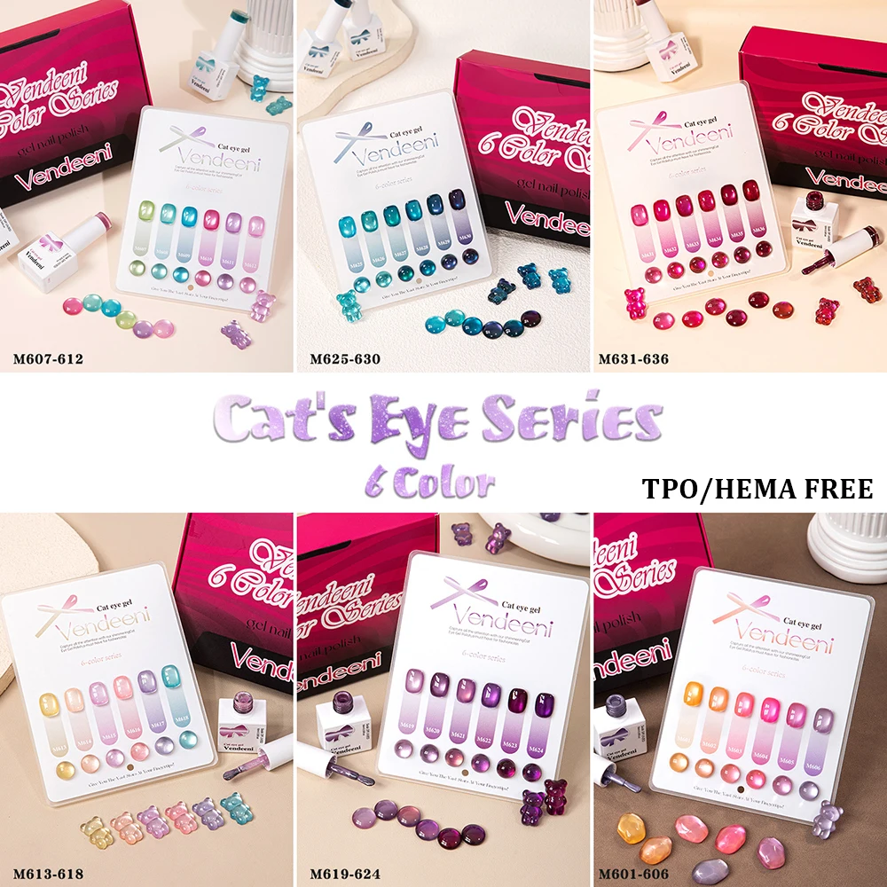 

Vendeeni 6 Colors/Set Crystal Cat Eye Gel Nail Polish Semi Permanent Glass Bead Magnetic UV LED Cat Eye Gel Varnish With Display