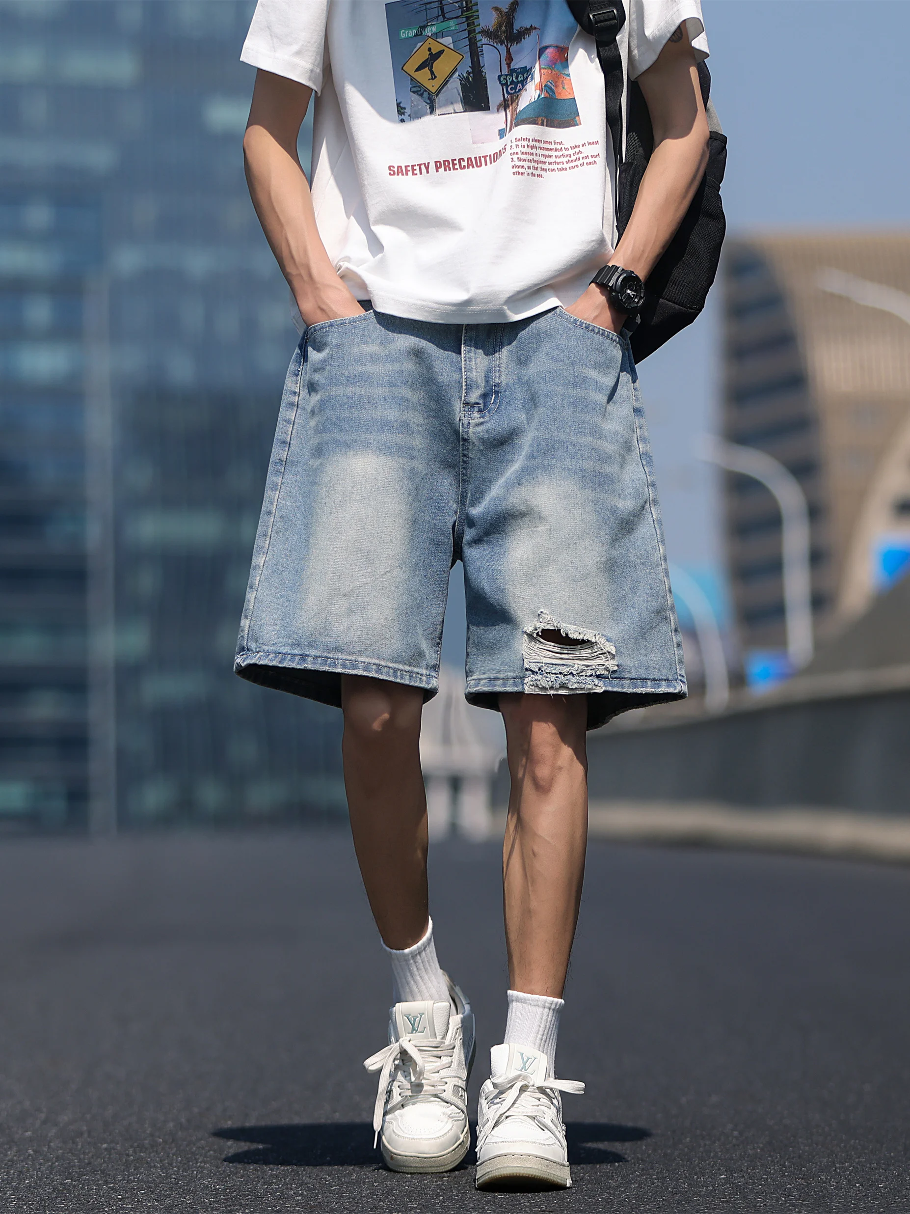 Shorts Jeans Casuais Retrô Lavados para Homens e Mulheres, Corte Solto, Perna Reta, Bainha Desfiada, Moda Jovem e Tendência d...
