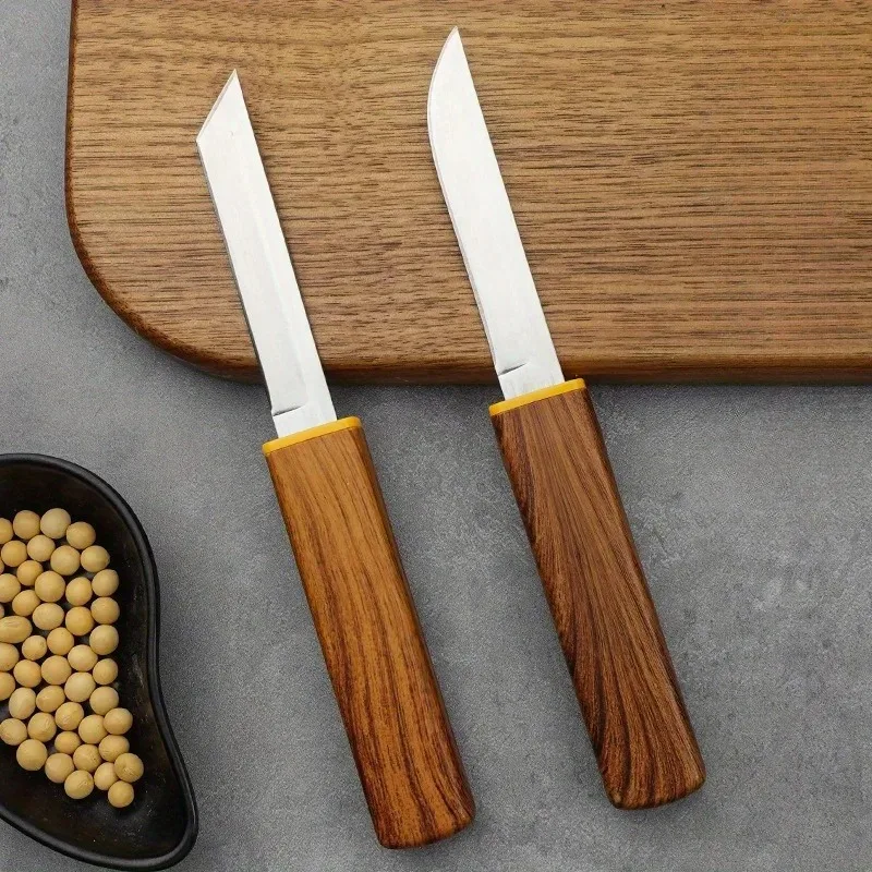Double blade wood grain handle knife, kitchen barbecue meat knife, fruit knife, portable multifunctional chef knife