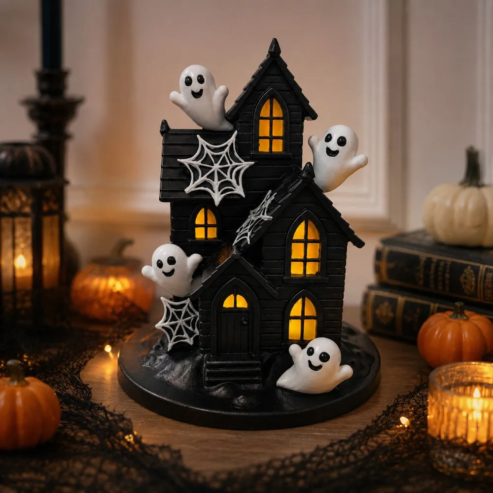 Halloween Decorations Resin Ghost Figurine Village Houses Castle Spooky Town Happy Haunted House for Home Party Table Desk