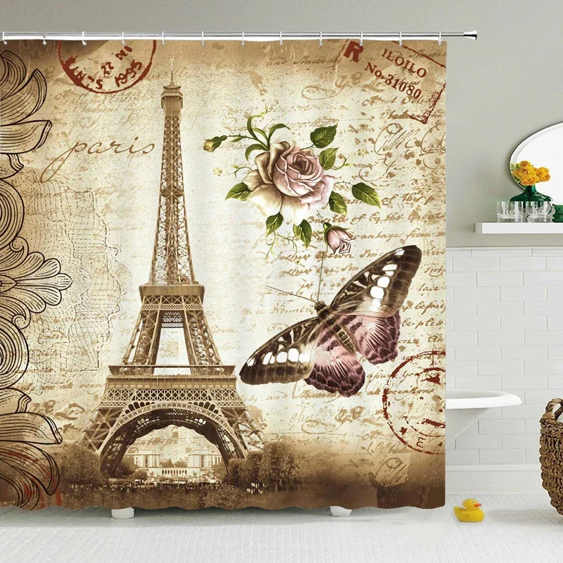 Eiffel Tower Paris Scenery Shower Curtain Vintage Scenery Cherry Blossom Butterfly Polyester Fabric Bath Curtains Bathroom Decor