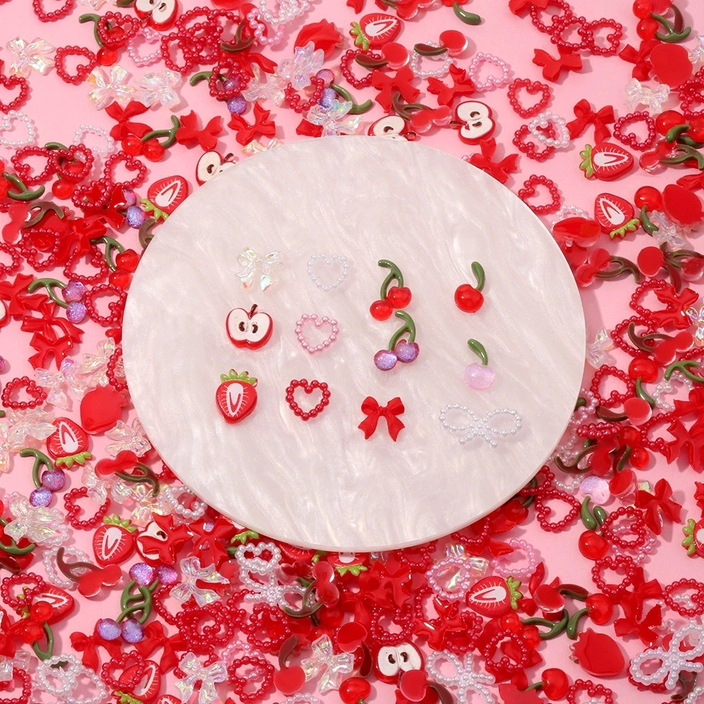 Misturar 75 peças aleatórias misturadas com flores de morango amuletos de resina doce com parte traseira lisa lua acessórios de decoração de arte de unha manicure faça você mesmo