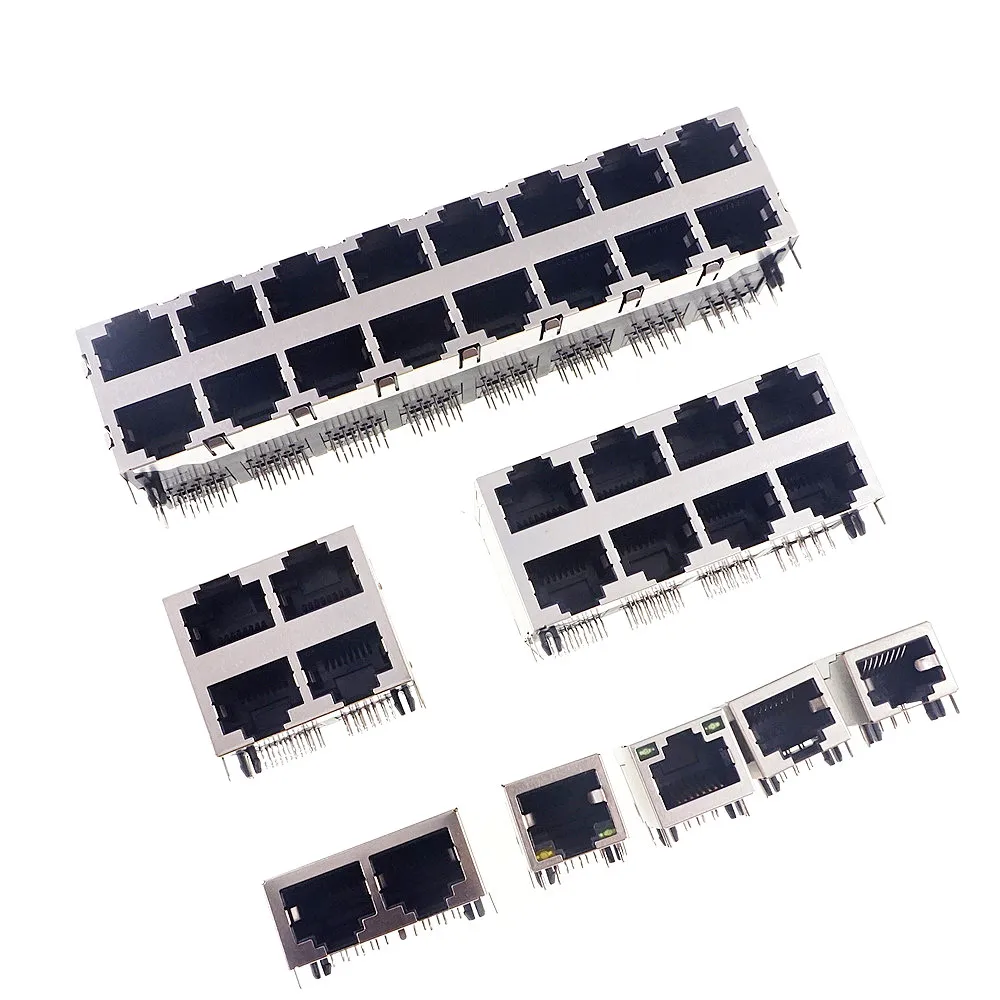 2 5 20 50 Pcs RJ45 1 2 4 8 16 Port Shielded Modular PCB Led Jack 8P8C Right Angle Through Hole Pcb Network Connector SIDE ENTRY