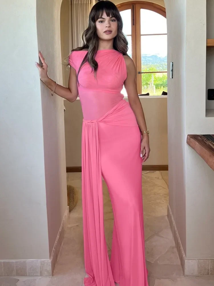 XIAOTANG 傾斜ショルダーバックレスセクシーなマキシドレス女性ガウンファッションノースリーブシースルードレープクラブロングドレスエレガント