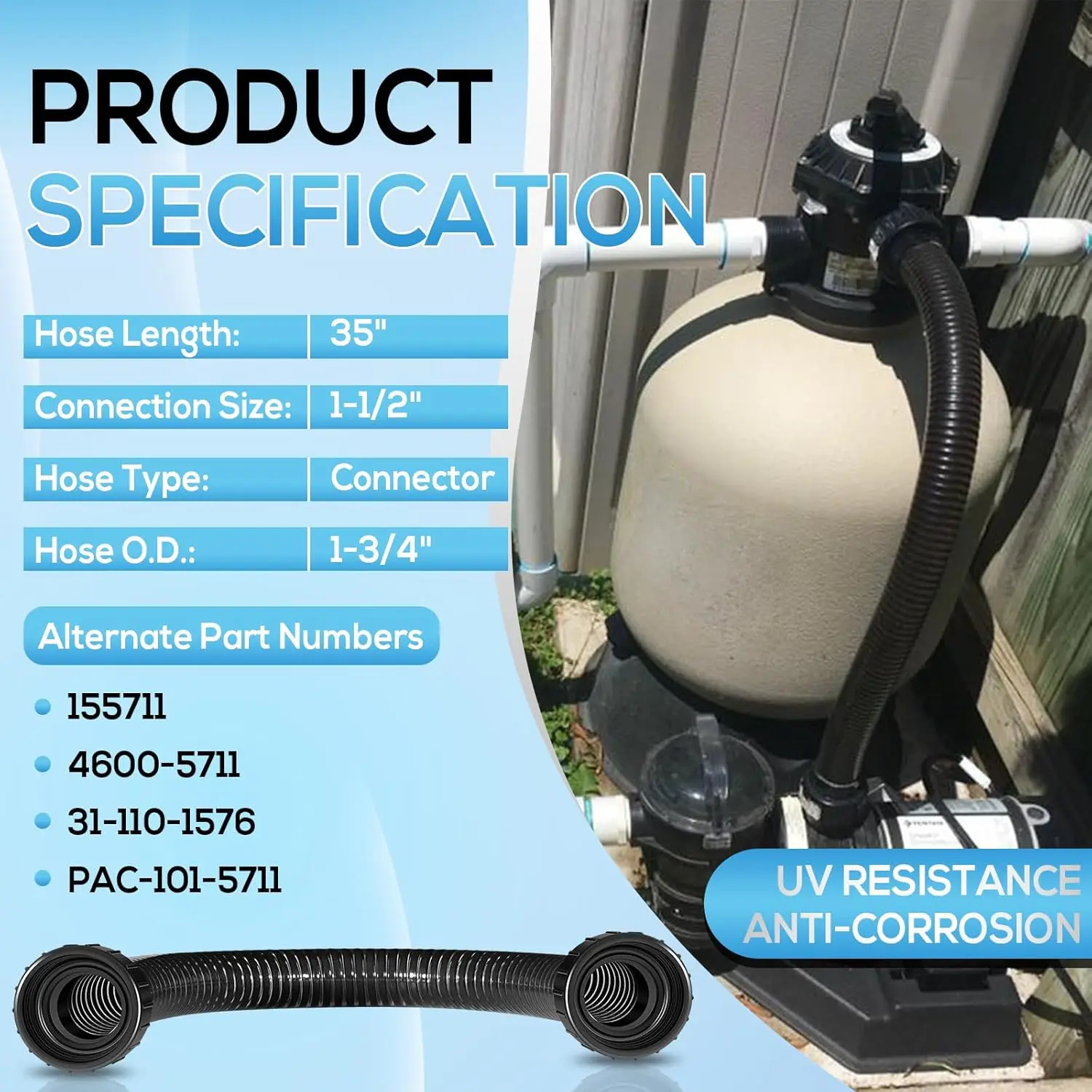 MX 155711 Pump Hose Assembly Pump to Filter Hose Fit for Pentair Sand Dollar/Sta-Rite Crystal-Flo II Pool/Spa Sand Filters