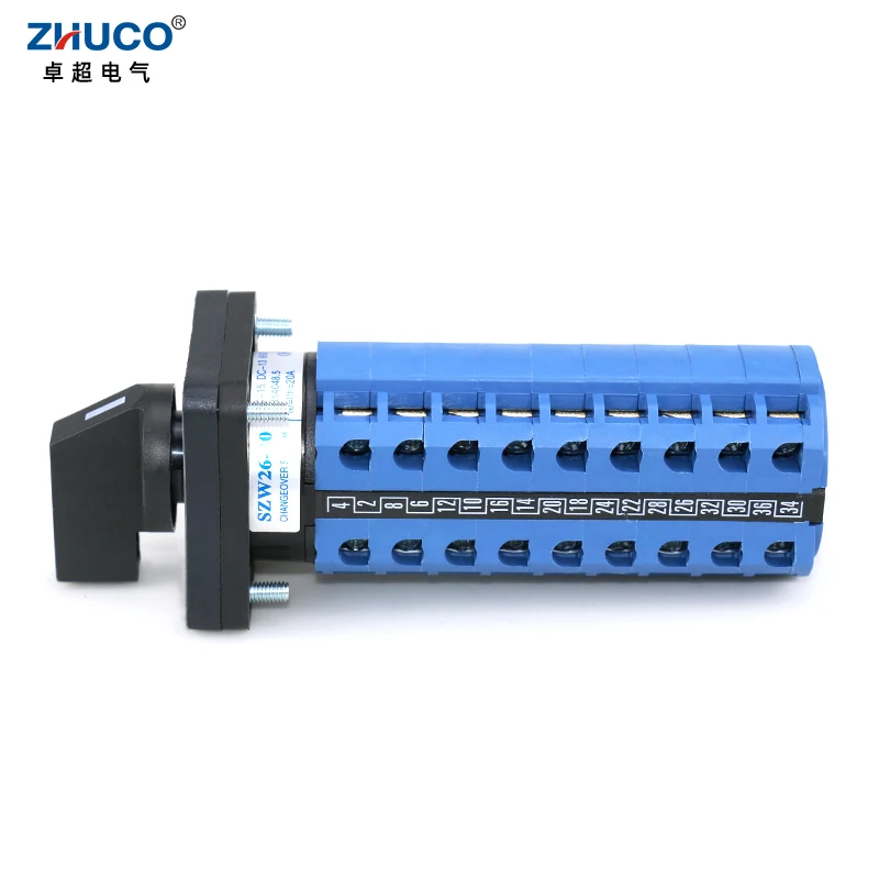

ZHUCO SZW26/LW26-20/D909.9 ON OFF ON 20A 36 Screws 9 Sections Latching Rotary LW28 Selector Cam Switch 9NO 9NC For 660V Wirings