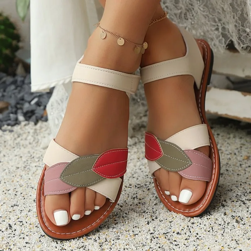 Women Color Block Leaf Patch Decor Two Band Ankle Strap Flat Sandals New Summer Beach  Daily Walking Casual Open Toe Footwear