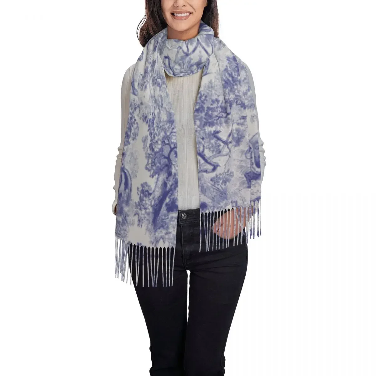 Custom Classic French Toile De Jouy Navy Blue Motif Pattern Scarf Wrap  Warm Tassel Shawl Animal Forest Floral Art Scarves