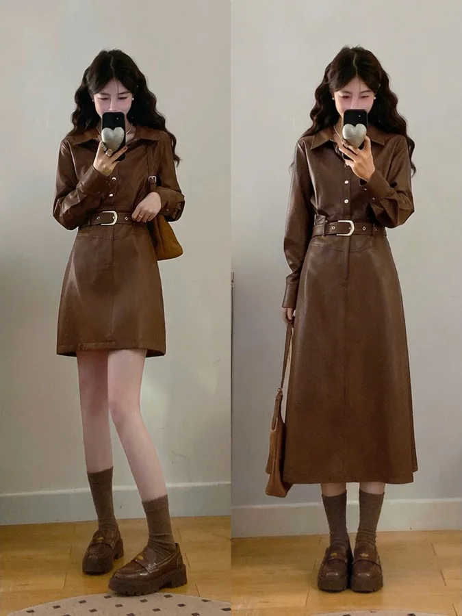 

plus Size American Retro Stand Collar A-Line Leather Skirt Dr Women's Autumn Winter New Sle Waist Cinched Ele Dr