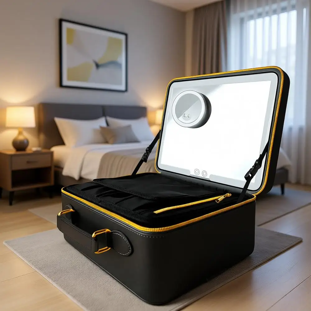 

Luxury PU Leather Makeup Bag with Illuminated Mirror, 3 Brightness Settings, Adjustable Compartments - Sleek Travel Case for On-