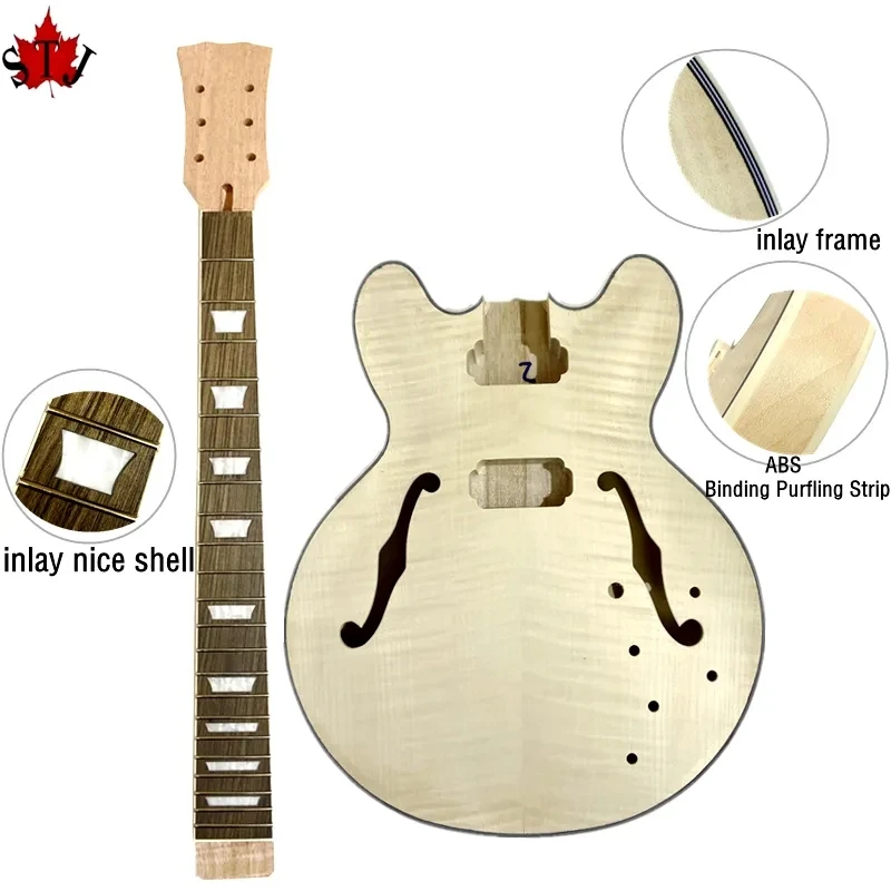 Unfinished DIY ES-335 Electric guitar semi-finished，maple body and neck，ABS Guitar Binding Purfling Strip Body