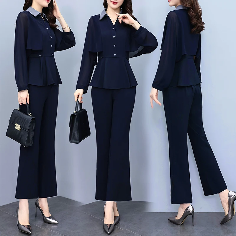 Fashion Oversize Women Pants Sets For Spring Autumn 2023 New False 2 Pieces High Office Lady Pantsuits Outfits Top Quality