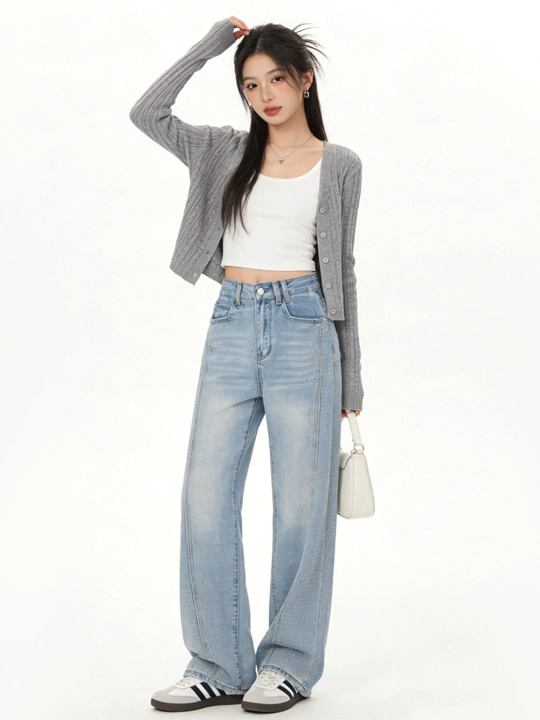 

Korean Sle Vintage Waed Denim Sequin Design Wide Leg Pants Soft Versatile Drapey Slimming Long Trousers for Women