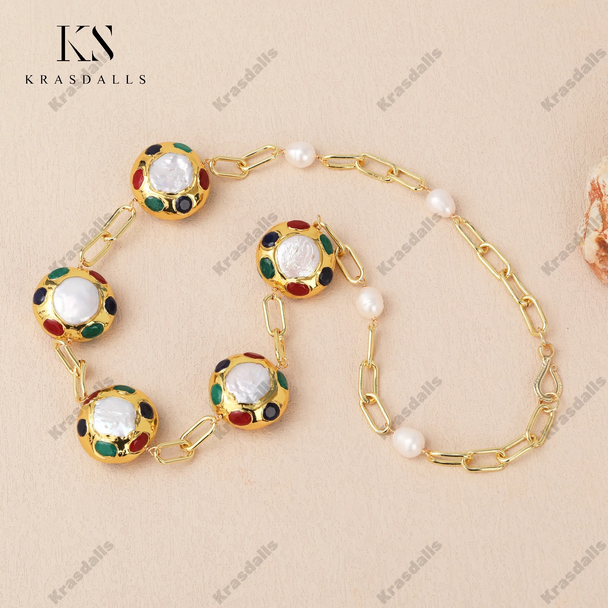 Rainbow Agate Natural White Pearl Chain Necklace Vintage Style Hand-Wrap with Gold Plating Pattern for Party or Gift