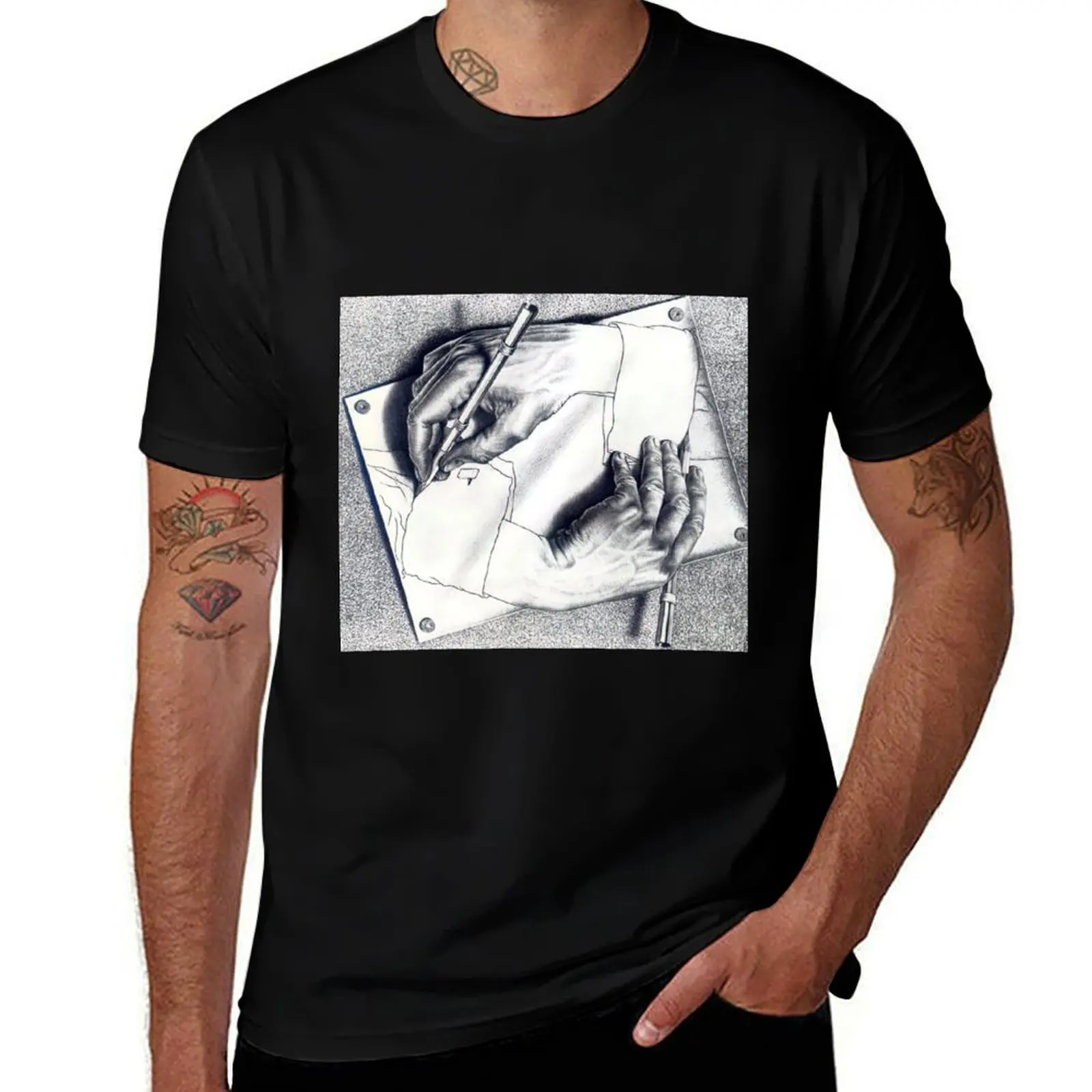 Drawing Hands by M.C. Escher T-Shirt Streetwear Print Tee Shirt T-Shirt