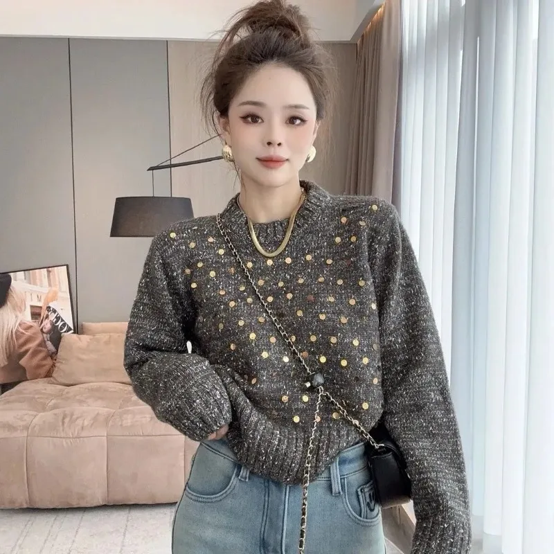 Autumn Winter New Korean Casual Slimming Retro Mixed Color Sequin Sparkling Round Neck Pullover Sweater Trendy Lady Short Tops