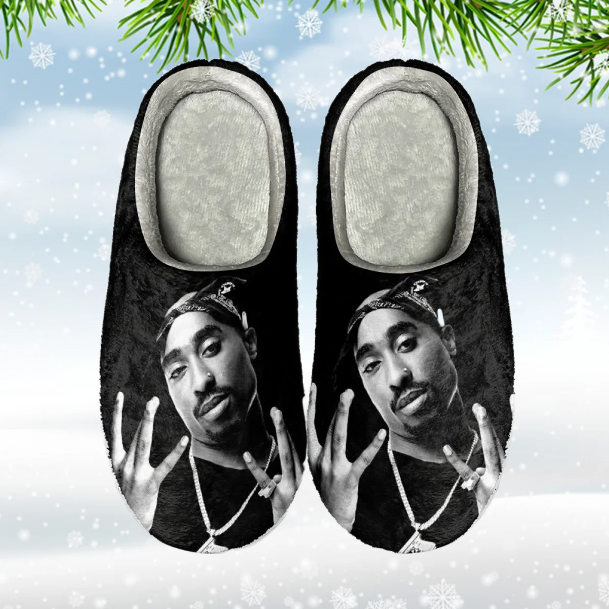 INSTANTARTS Winter Cotton Slippers Non-Slip Floor Shoes Tupac Amaru Shakur 3D Print Thickened Home Sock Slipper Men's Slides Hot