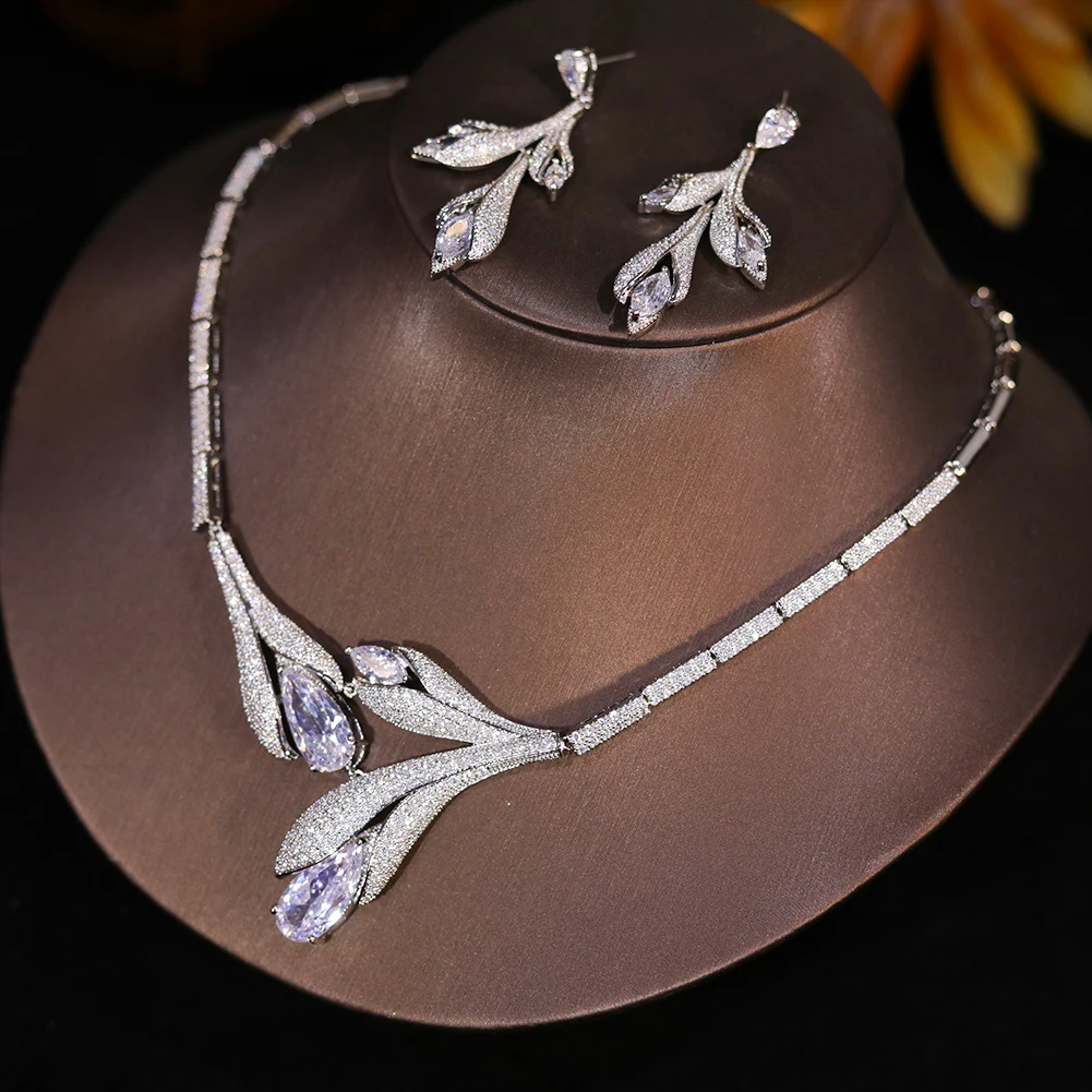 Imagem -03 - Cubic Zircon Bridal Jewelry Conjunto para Mulheres Colar na Moda Conjuntos de Brinco Declaração Tulipas Florais Completo Dubai Casamento Pcs