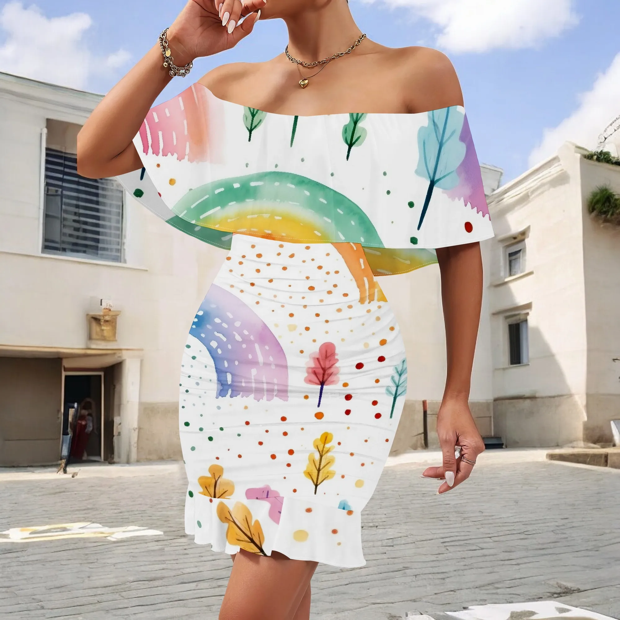 

Women’s Off Shoulder Rainbow Mini Dress 2025 Kawaii Holiday Party Dress with Ruffle Overlay Casual Summer Dress S-3XL