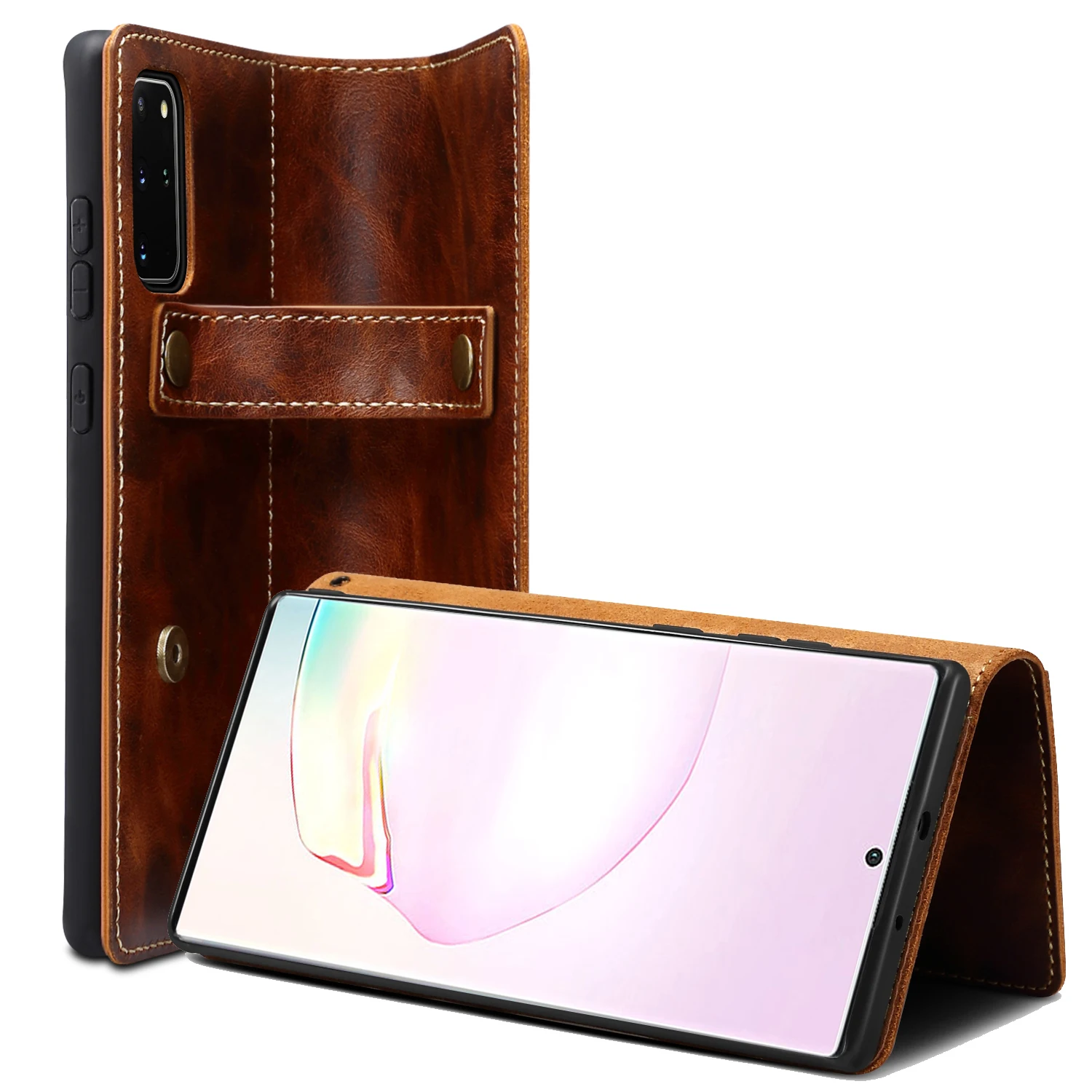 Denior Luxury Oil Wax Genuine Leather Flip Cover for Galaxy Note 20 Ultra S10 S20 Note 10 Plus Wristband Grip Slim Wallet Case