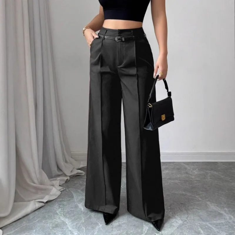 

Women's High Waist Wide Leg Suit Pants with Belt Elegant Commuter Straight Trousers Casual