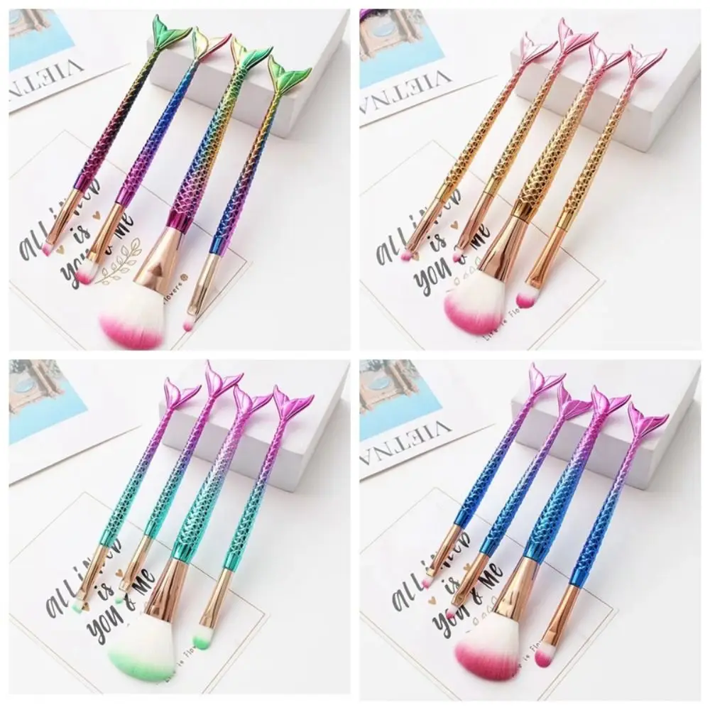 4 Pcs/Set Gradient Mermaid Makeup Brushes Kit Soft Fiber Highlighter Brush Foundation Eyebrow Eyeliner Brush For Women Girl