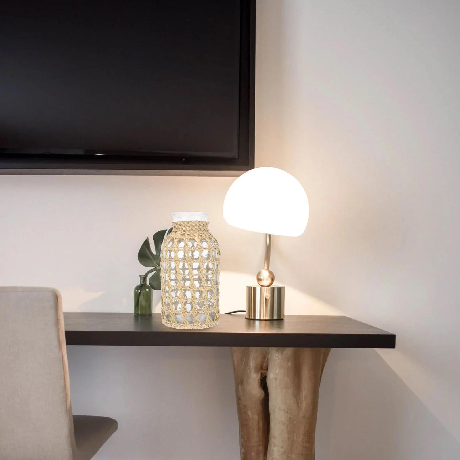 

1pc Rattan Woven Glass Flower Arrangement Container Hydroponic Plant Vase Decorative Home Desktop Ornament Dried Flower Vase