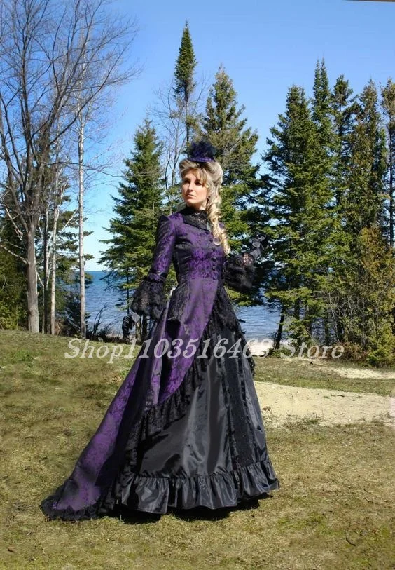 Purple Black Henrietta Victorian Prom Dress Polonaise Dresses and Skirts Button Corset Bridal Lace Long Sleeve Ruffled Custom