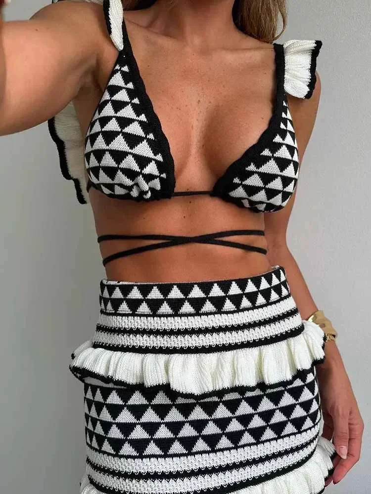 

Women's Bikini Ruffle Halter Tank + High Waisted Knit Halter Skirt Set Bohemian Backless Sexy Split style Women's Dresses