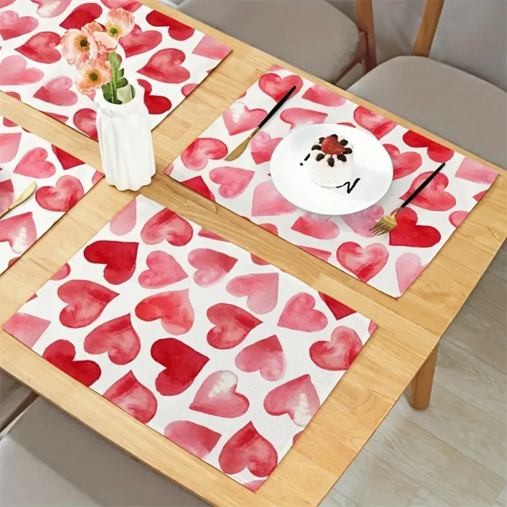

Pink Heart Linen Placemat Home Decor Heatproof Kitchen Dining Table Mats Tableware Coffee Cup Place Mats for Valentine's Day Use