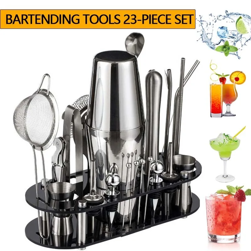 

23-Piece Cocktail Shaker Set Stainless Steel Bar Tools with Black Acrylic Stand Complete Bartending Kit for Home Bar Party Use