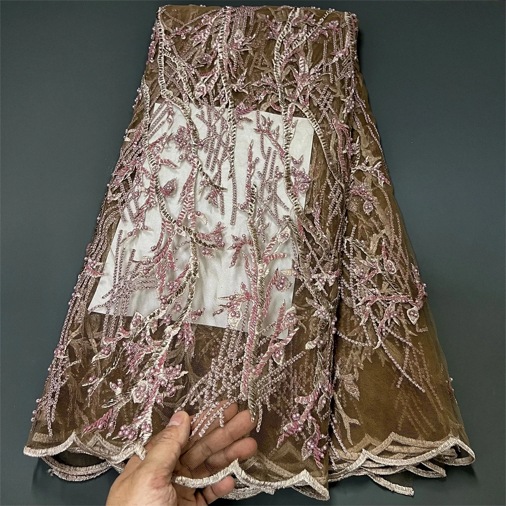 

2025 African Nigerian Tulle Lace Fabric High Quality Cotton Wedding Party Dress Sequins For Sewing Embroidery 5Yards ZJ047