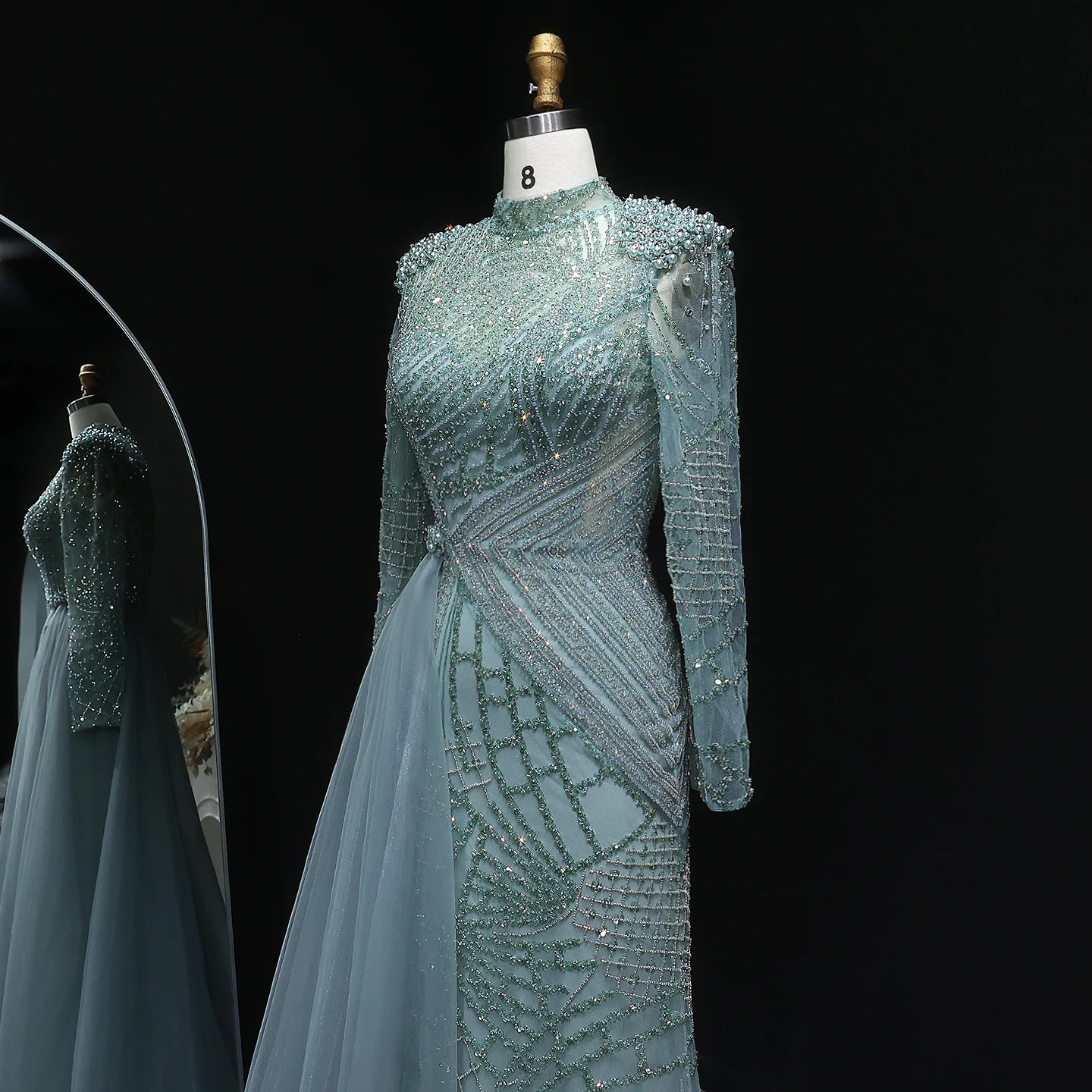 Sharon Said Luxuriöses Perlenbesetztes Staubrosafarbenes Abendkleid mit Schlitz-Seitenrock, Damenkleid mit Langen Ärmeln für Hochzeitsfeier, SS064 Maßanfertigung – Detail 14