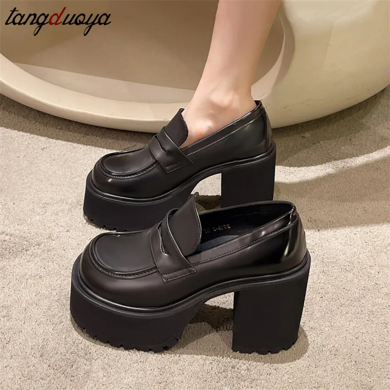 platform heels loafers Women Shoes Black Chunky Heel Pumps Leather Lolita Style Platform Cover Heel Slip-On Sexy Shoes Lady Shoe