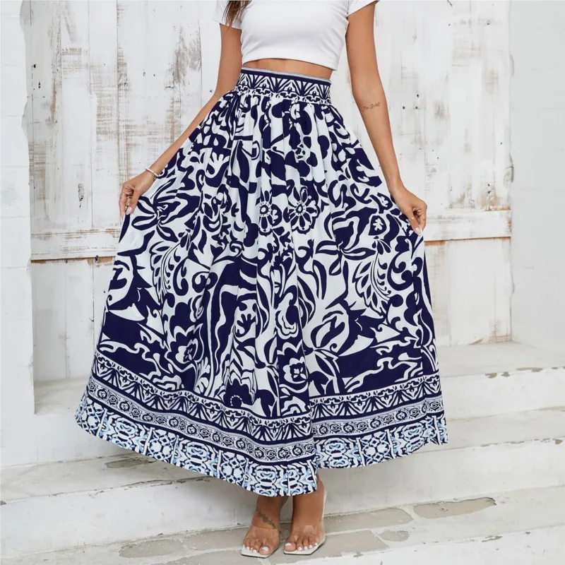 Women's new summer casual bohemian vacation style positioning flower high waist half skirt zipper element A-line long skirt 2025