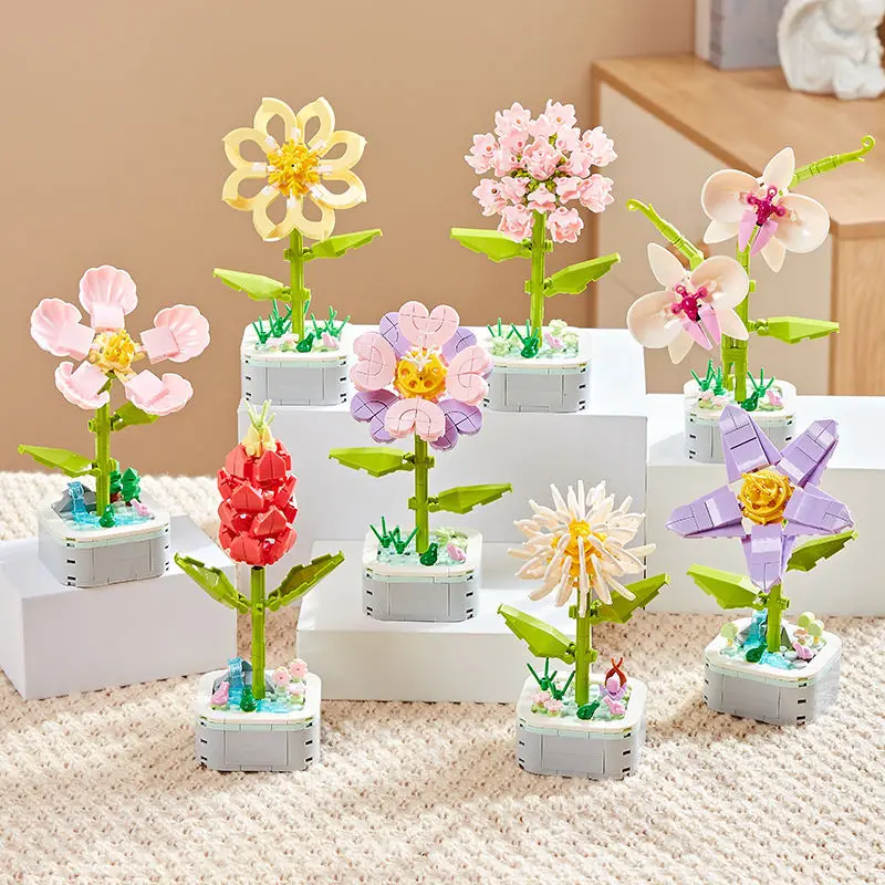 ZK30 Children Creative Flower Building Block Kit Toys ABS Immortal Potted Plant Assembling Ornaments Set Birthday Christmas Gift