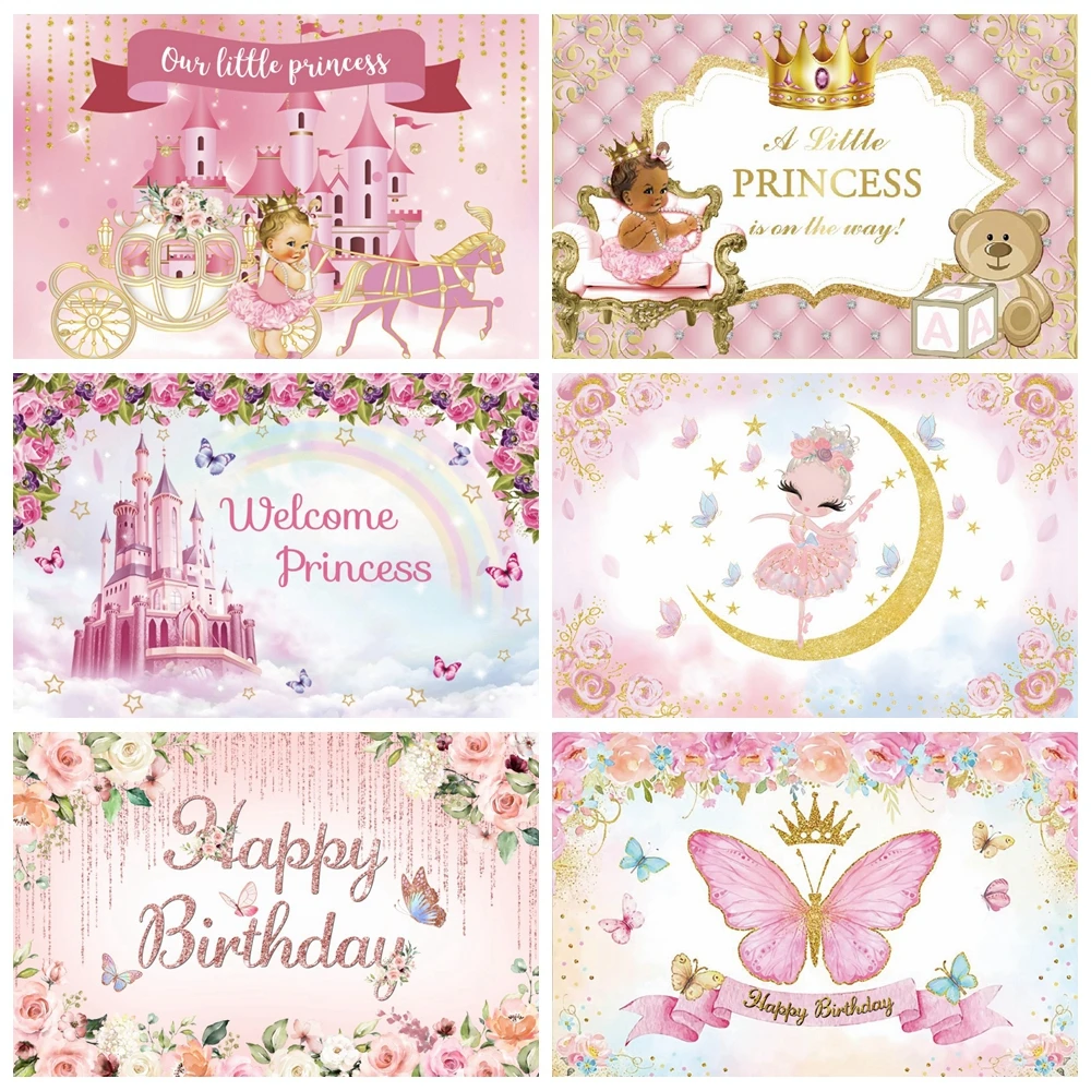 Butterfly Princess Newborn Baby Shower Backdrop for Girl\'s Birthday Party Castle Crown Custom Photography Background Banner