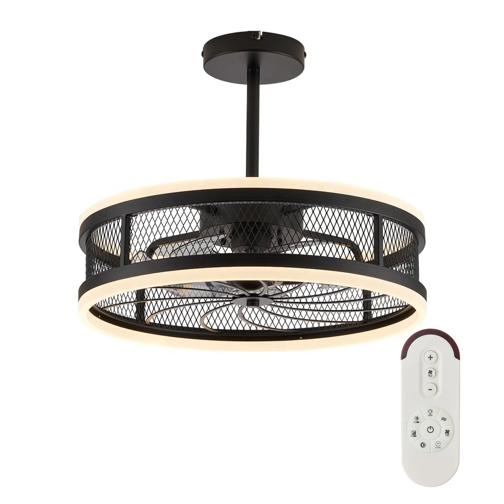 Modern Retro AC Powered LED Ceiling Fan with Iron Cage Remote Control Dining Restaurant Acrylic Lamp Body Home Office DC Motor