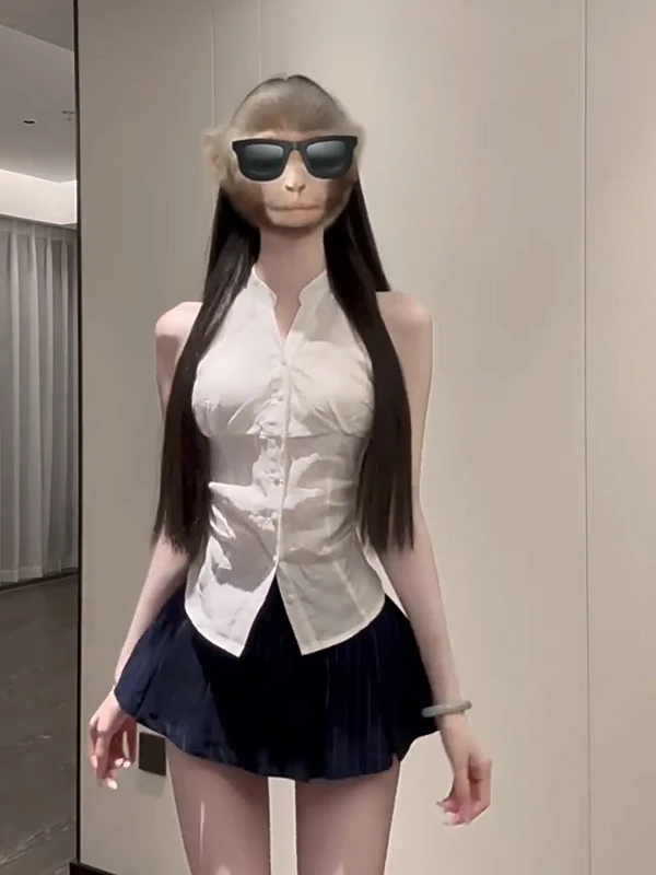 

V-Neck Sleeveless Shirt And A-Line Skirt Two-Piece Set Women Summer Collar Hanging Neck Slim Fit Shirt Ensemble