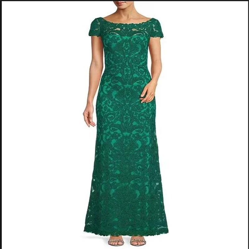 

Emerald Green Elegant Evening Dresses For Women Boat Neck Short Sleeve Prom Dress Long Floor Length Party Dresses Custom Made