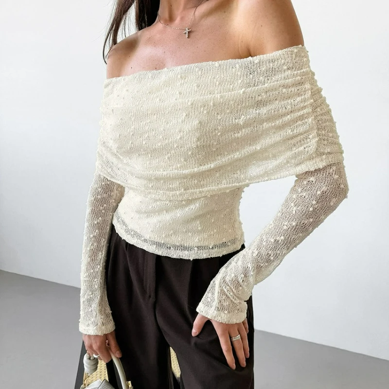 

Модная женская трикотажная футболка с жаккардовым узором, открытыми плечами и вырезом-лодочкой, облегающая, универсальная, весна 2026