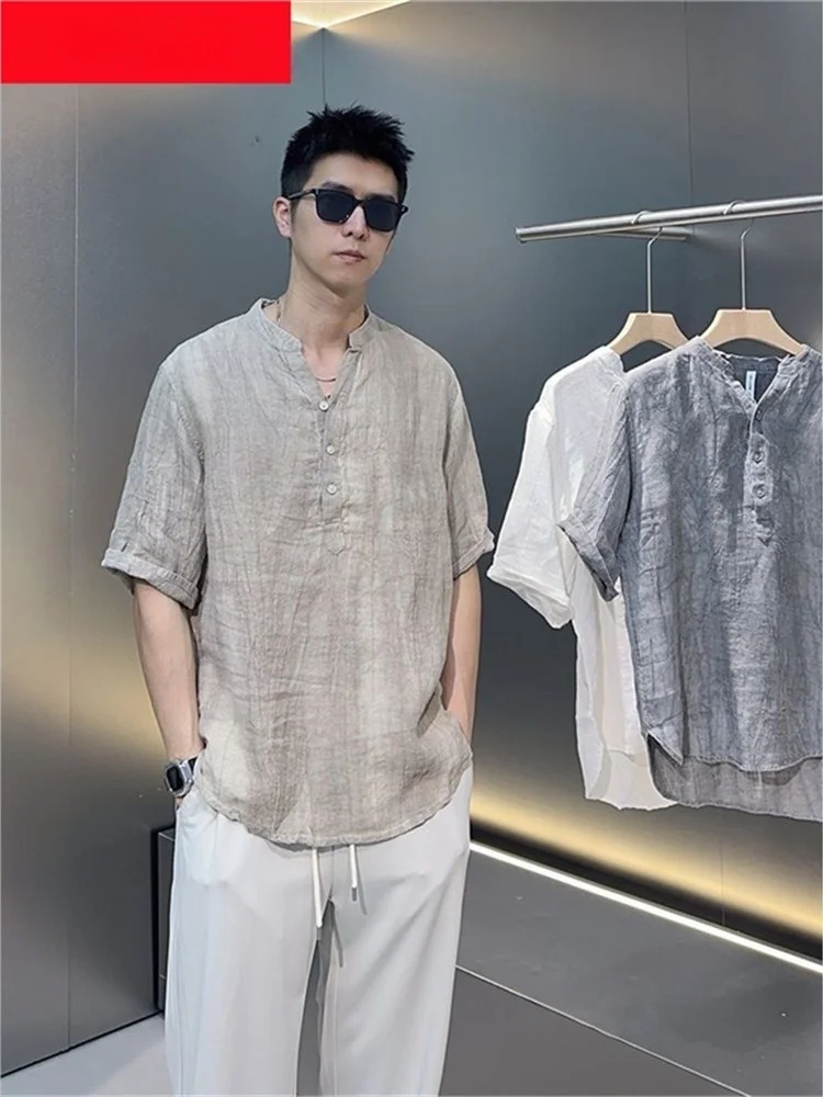 

High-End Linen ort-Sve irt Loose V-Ne Summer New Sle Pleated Feel Five-Sve Men's Casual Wear Inner Match C...