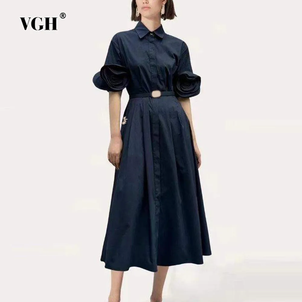 

VGH Solid Patchwork Appliques Minimalist Dress For Women Lapel Short Sleeve High Waist Spliced Button Casual Dresses Female New