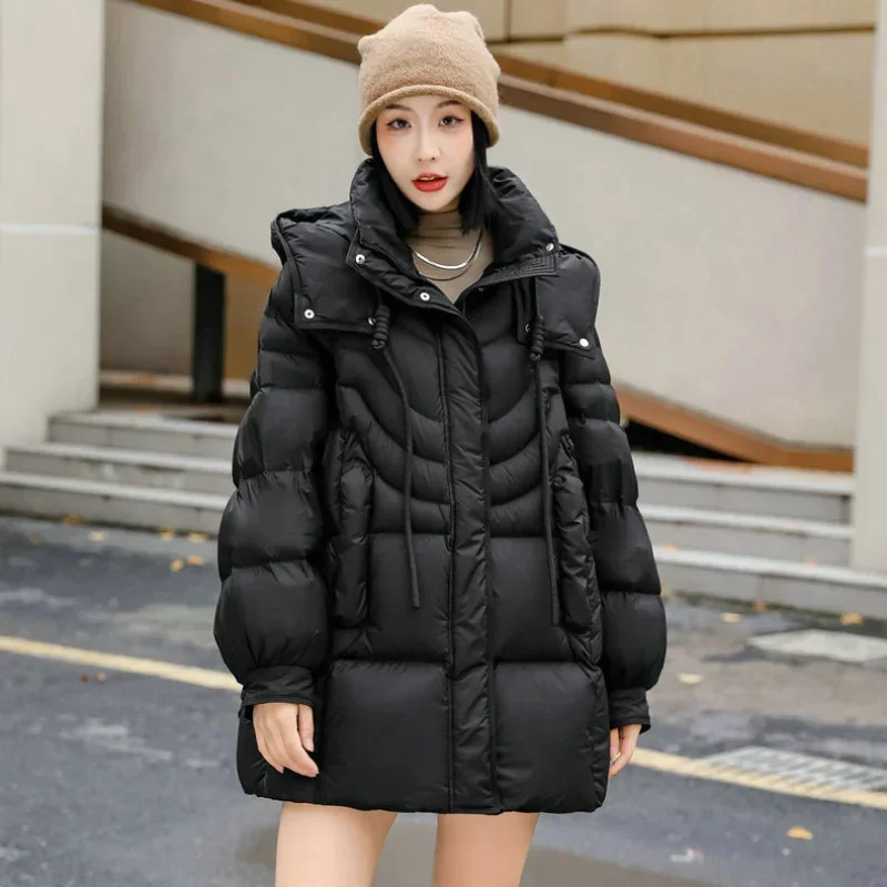 Women's Mid-Length Hooded Down Coat, Loose Casual Jackets, Drawstring Outerwear, Warm, Trendy, Winter