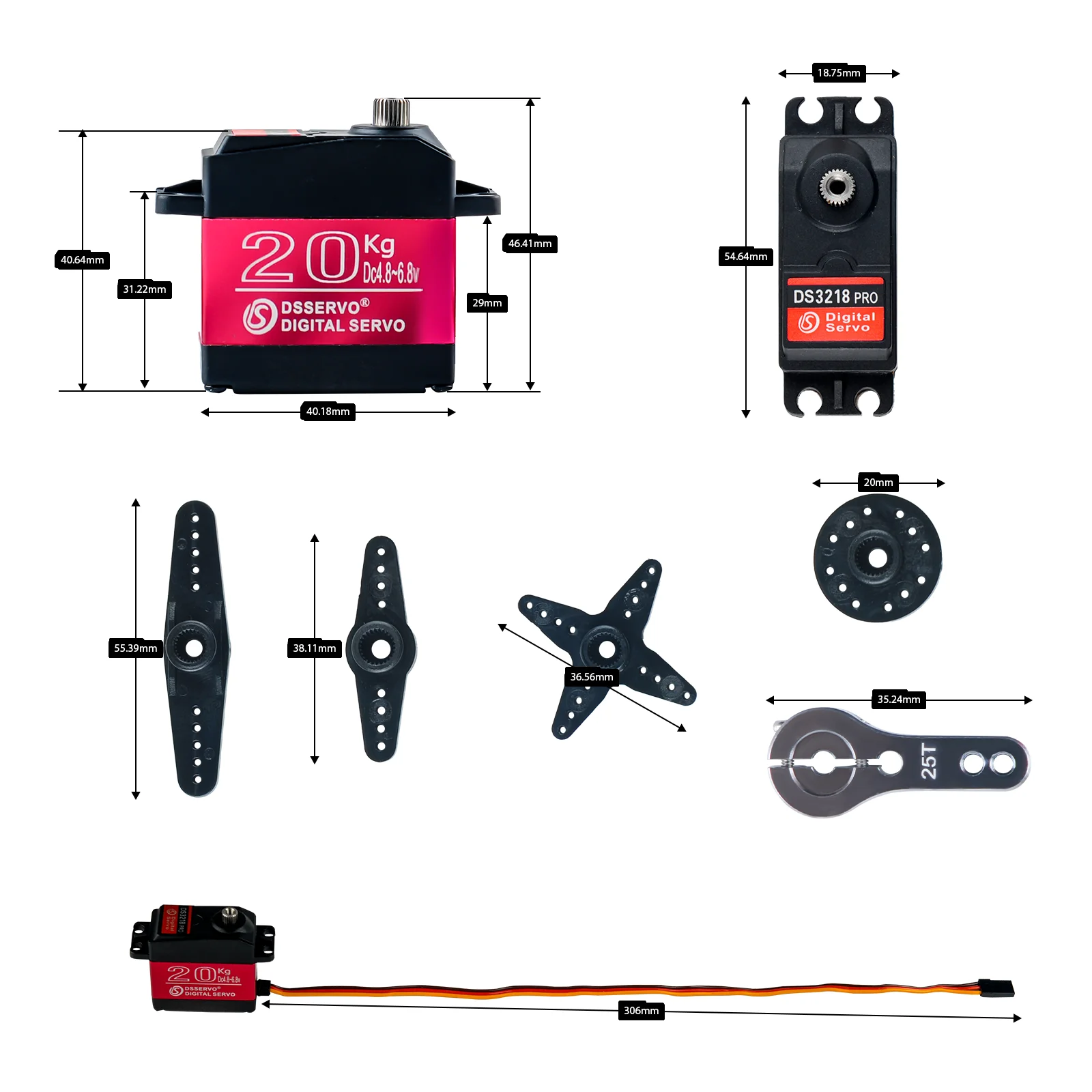 DS3218 Pro Servo Digital 20KG 180/270 grados de alta velocidad Dsservo IP66 impermeable Baja Metal Gear 25T brazo para 1/8 1/10 1/12 RC Car