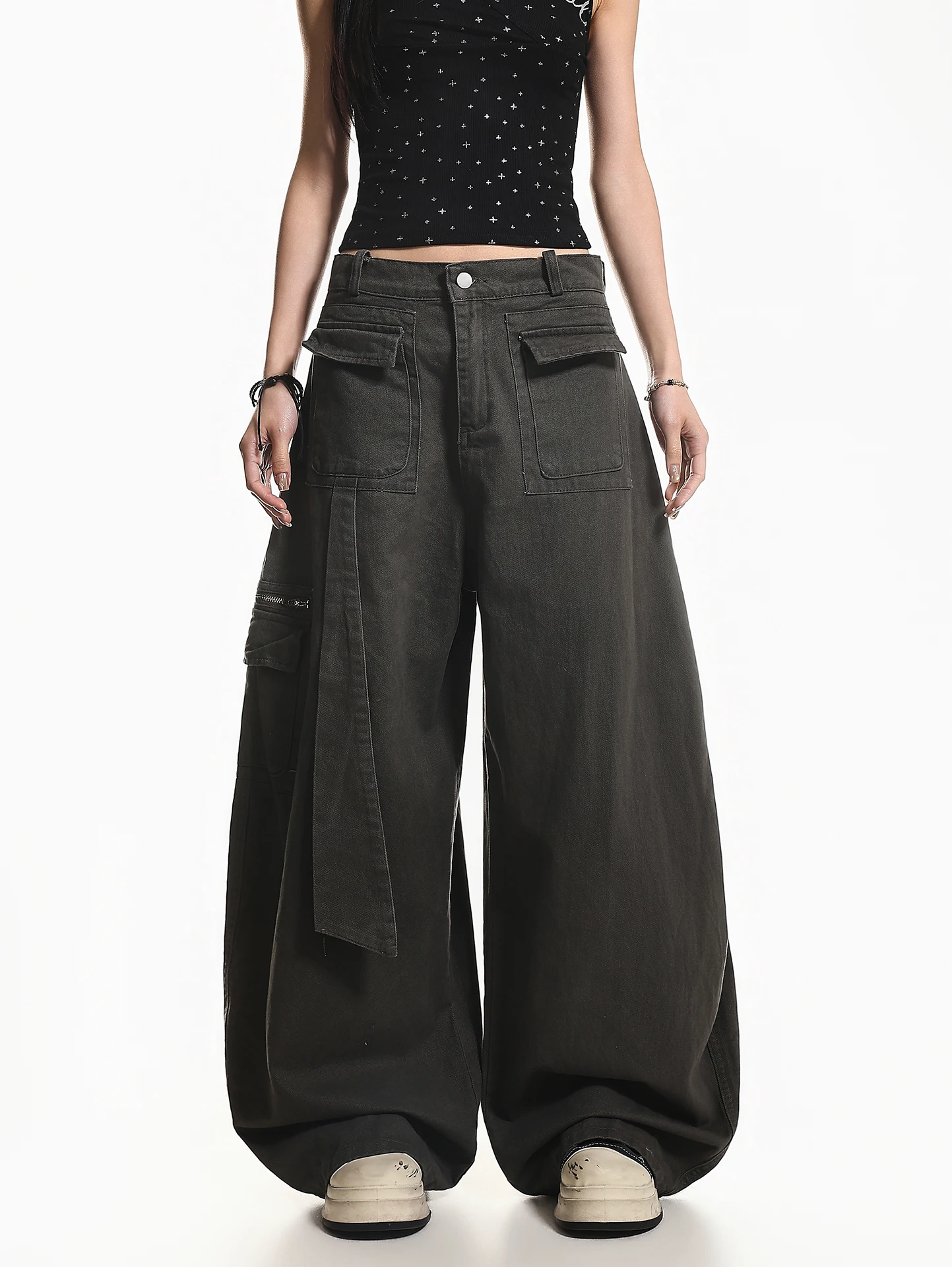 

XPKAEAX American High Street Retro Washed Design Sensation Sash Loose Wide Leg Knife Workwear Jeans Women Summer