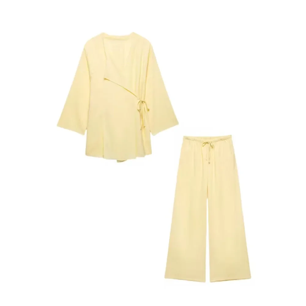 

Women Pants Set Casual Kimono Style Shirt With Lace Up Elastic Waist Drawstring Wide Leg Pant Two Piece Set Women Outfit