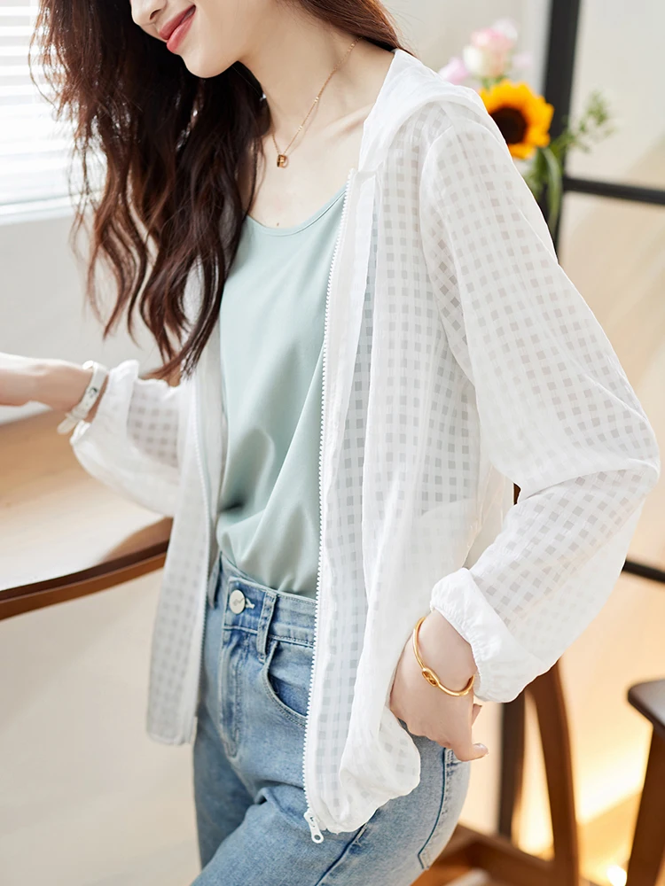

Summer New Women's Cheered Sun Protection Clothes Long Sve Hooded Zipper Casual Breathable Silk Top